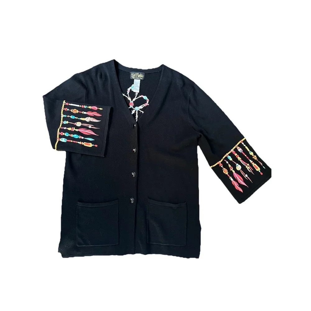 Bob Mackie Cardigan Sweater L Art Embroidered Feathers Artsy Aztec Southwest VTG - Picture 2 of 15